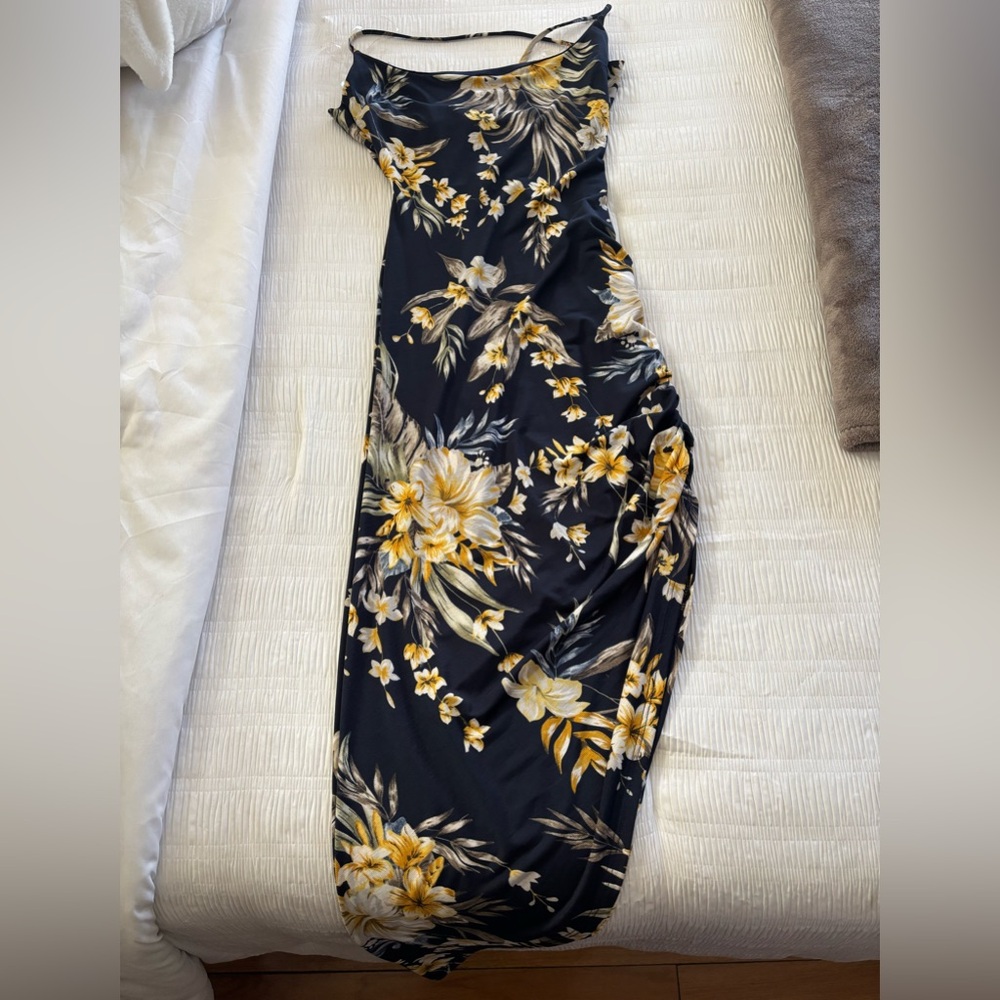 Women’s Floral Blue and Yellow Tie Back and Side Slit Dress